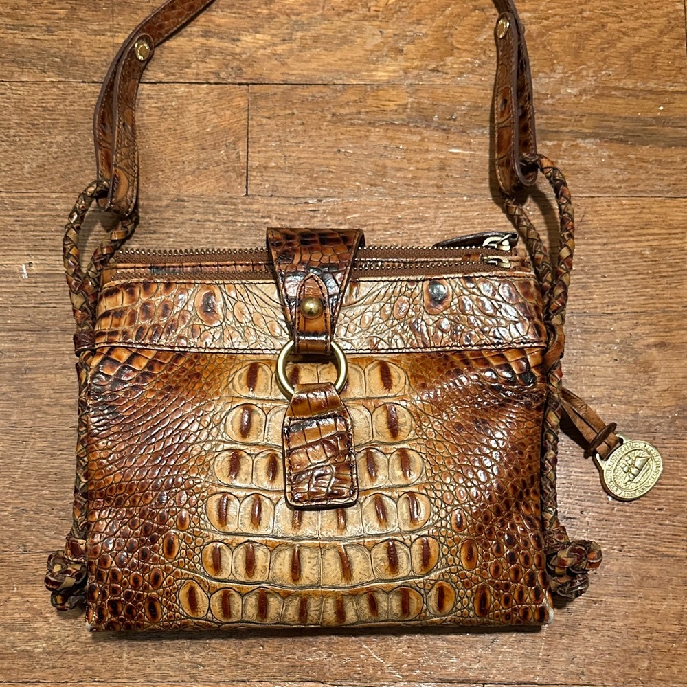 Leather Croc-Embossed Crossbody Bag in Brown